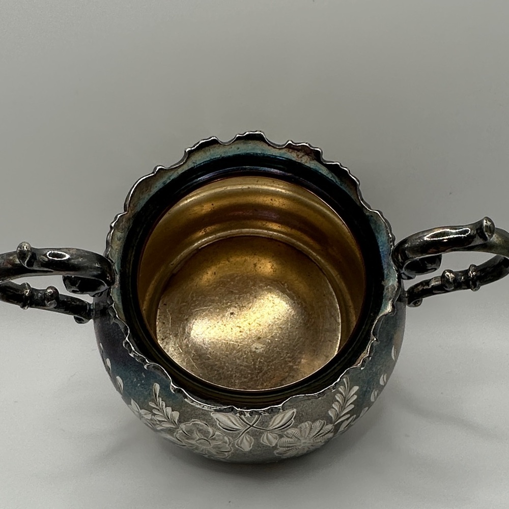 Antique Silver Plate Floral Etched Sugar Bowl - Picture 2 of 6